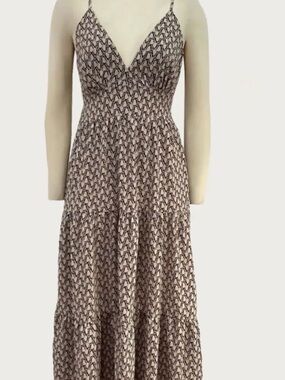 Doublju Taupe and Black Printed Spaghetti-Strap Maxi Dress